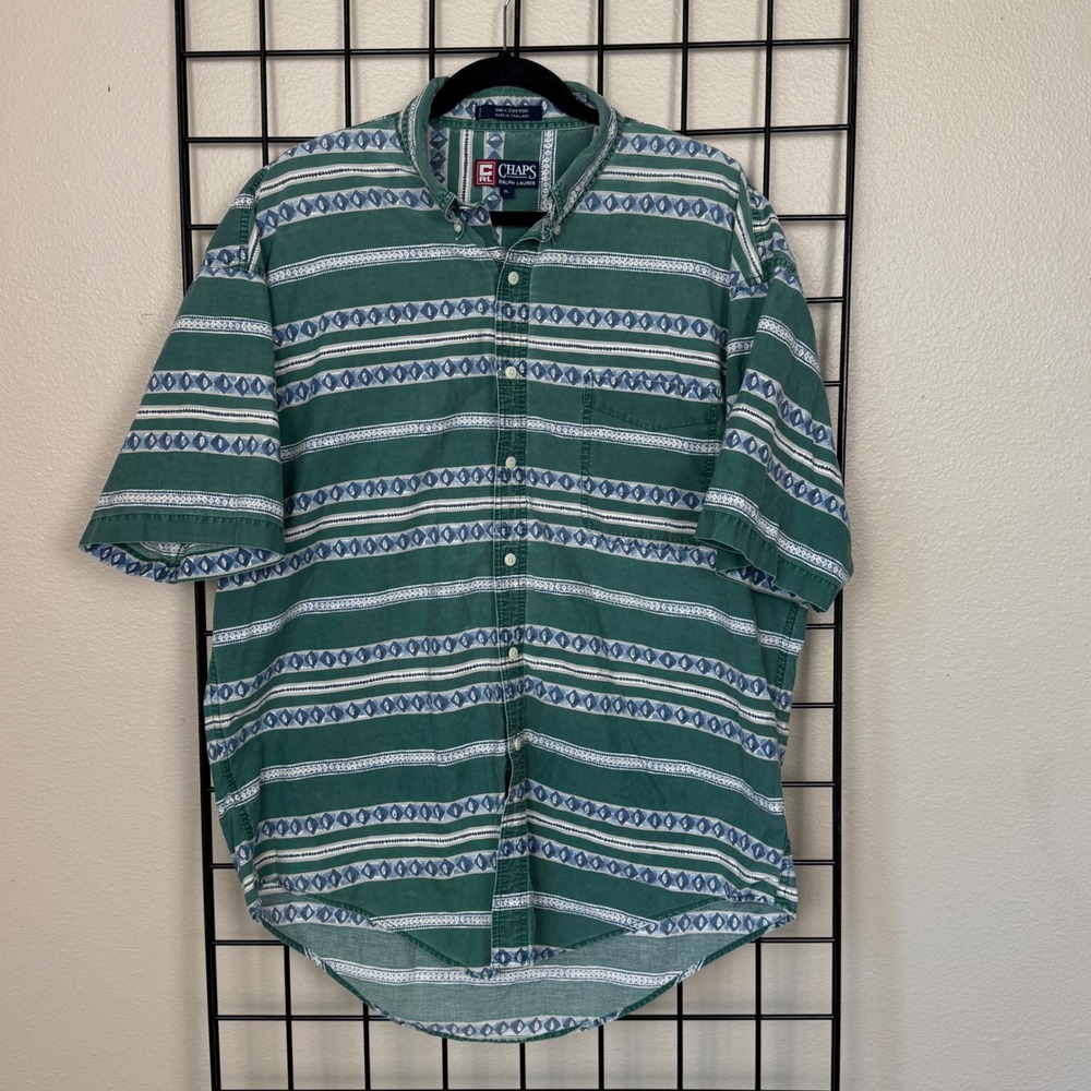 Chaps Ralph Lauren Button Down Mens XL Green Geometric Aztec 90s Camp Shirt